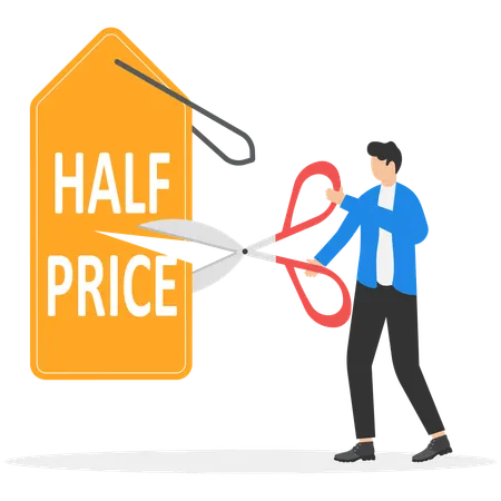 Salesman holding scissors and cuts price tag in half  Illustration
