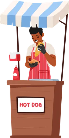 Cheerful Salesman Character Serves A Steaming Hot Dog With A Generous Squirt Of Mustard At His Bustling Market Stall Delighting Customers With Warmth And Zest Cartoon People Vector Illustration Illustration