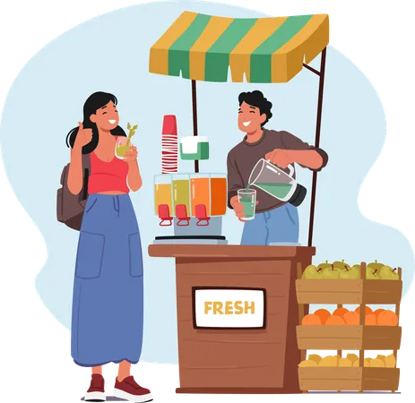Smiling Salesman Character At A Vibrant Stall Skillfully Pours Green Fresh Juice Into A Glass Handing It To An Eagerly Waiting Customer Under The Warm Sunlight Cartoon People Vector Illustration Illustration