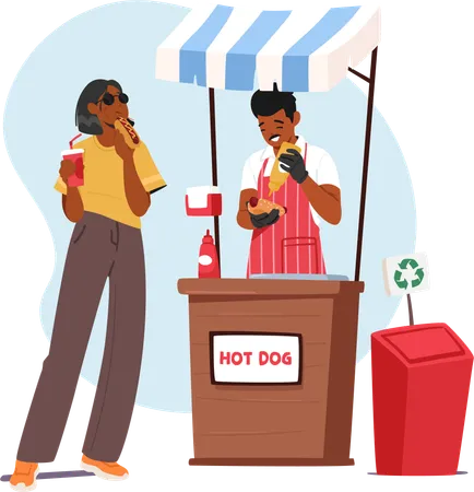 Enthusiastic Salesman Expertly Grills Hot Dogs Generously Drizzling Mustard For A Zesty Kick At The Bustling Market Stall Sizzling Aromas Lure In Hungry Passersby Cartoon People Vector Illustration Illustration