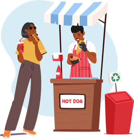 Salesman sells grill hot dogs  Illustration