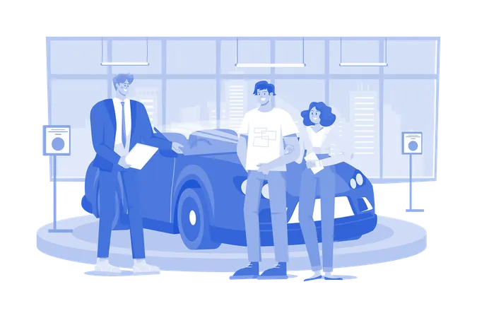 Salesman Talking To A Young Couple At The Dealership Showroom  イラスト