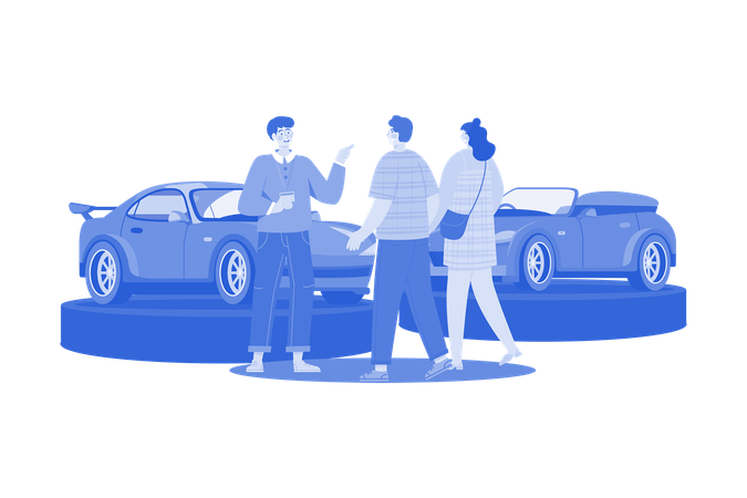 Salesman Talking To A Young Couple At The Dealership Showroom  Illustration