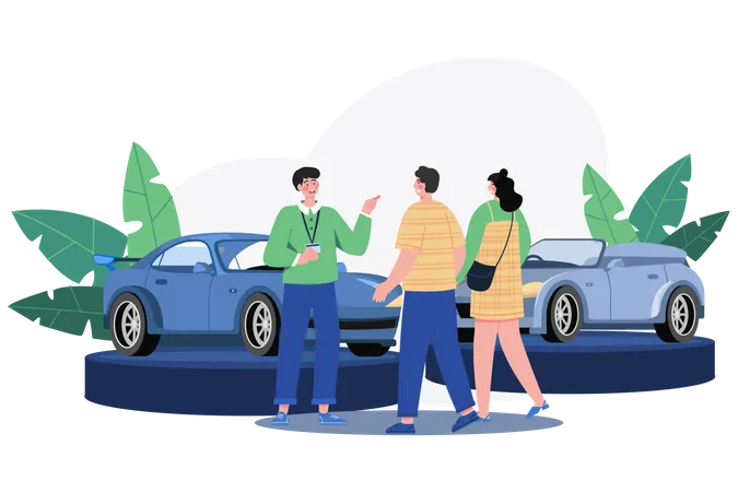 Salesman Talking To A Young Couple At The Dealership Showroom  Illustration