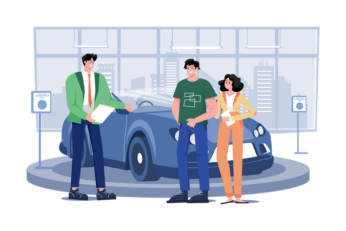 Salesman talking to a young couple at the dealership showroom  Illustration
