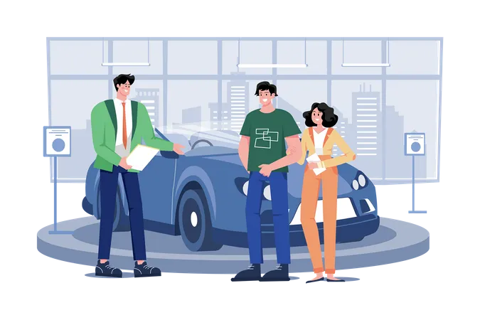Salesman talking to a young couple at the dealership showroom  Illustration