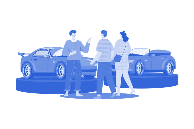 Salesman Talking To A Young Couple At The Dealership Showroom  Illustration