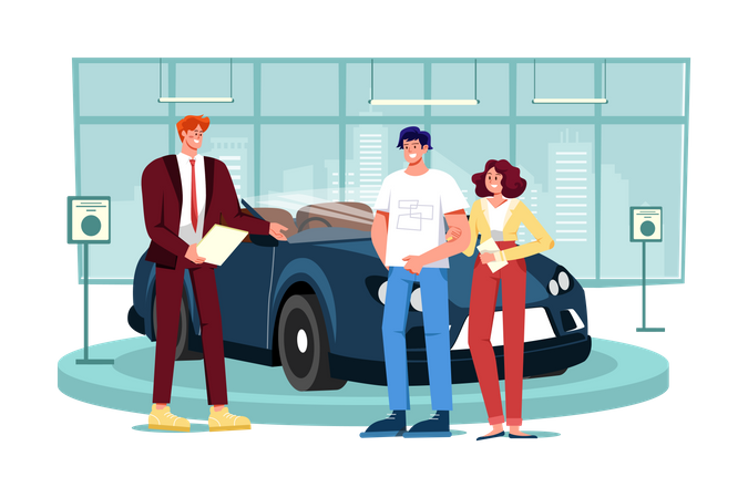 Salesman talking to a young couple at the dealership showroom  Illustration