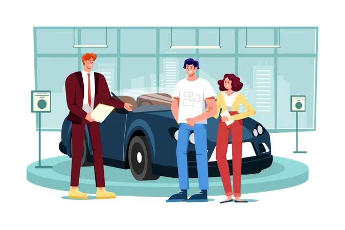 Salesman talking to a young couple at the dealership showroom  Illustration