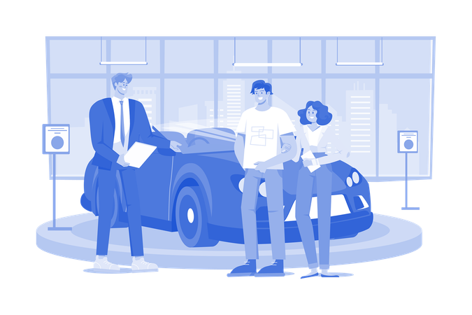 Salesman Talking To A Young Couple At The Dealership Showroom  Illustration