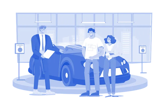 Salesman Talking To A Young Couple At The Dealership Showroom  Illustration