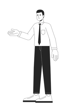 Salesperson Presenting Flat Line Black White Vector Character Editable Outline Full Body Person On White Confident Salesman Simple Cartoon Isolated Spot Illustration For Web Graphic Design Illustration