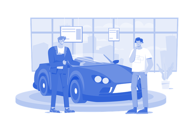 Salesperson Showing The Vehicle To A Potential Customer In The Dealership  Illustration