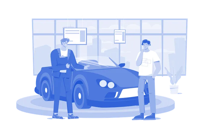 Salesperson Showing The Vehicle To A Potential Customer In The Dealership  Illustration