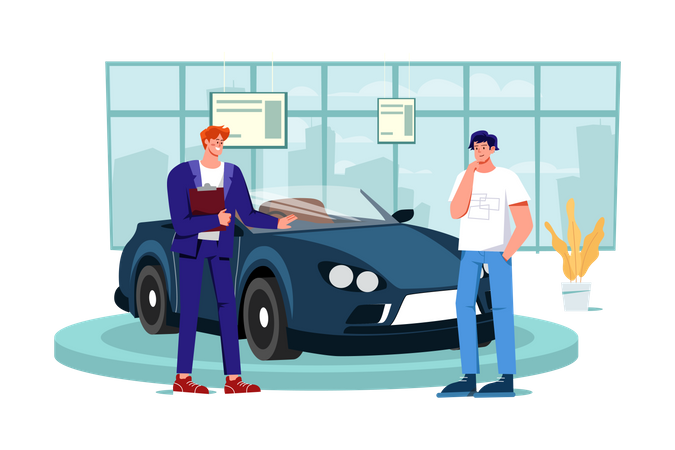 Salesperson showing the vehicle to a potential customer in the dealership  Illustration