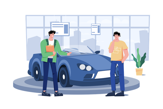 Salesperson Showing The Vehicle To A Potential Customer In The Dealership  Illustration