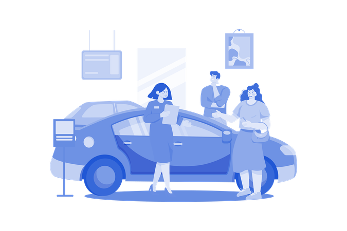 Salesperson Showing The Vehicle To A Potential Customer In The Dealership  Illustration