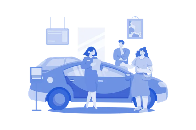 Salesperson Showing The Vehicle To A Potential Customer In The Dealership  Illustration