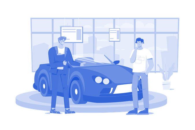 Salesperson Showing The Vehicle To A Potential Customer In The Dealership  イラスト