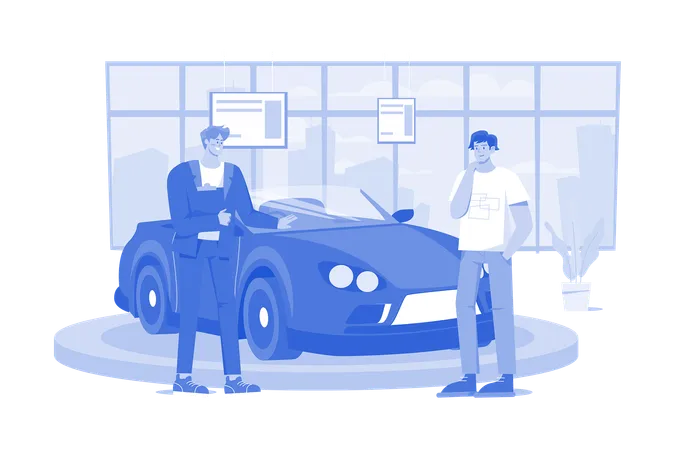 Salesperson Showing The Vehicle To A Potential Customer In The Dealership Illustration