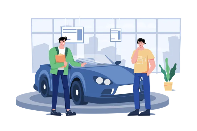 Salesperson Showing The Vehicle To A Potential Customer In The Dealership  Illustration