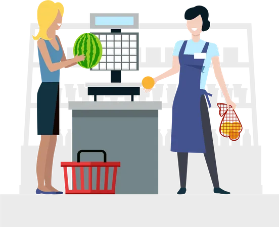 Saleswoman in apron serves customer in grocery store  Illustration