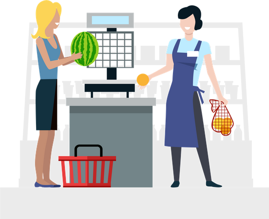 Saleswoman in apron serves customer in grocery store  Illustration