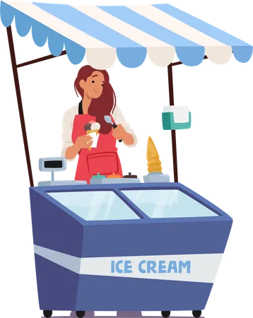 Cheerful Saleswoman In A Crisp Apron Stands At Her Ice Cream Stall Expertly Balancing A Freshly Scooped Vibrant Ice Cream Cone Character Ready To Serve Customers Cartoon People Vector Illustration Illustration