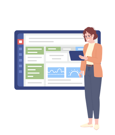 Saleswoman measuring CRM success on tablet  Illustration