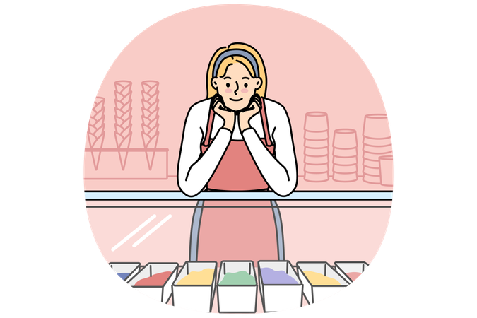 Saleswoman near counter in ice cream shop  Illustration