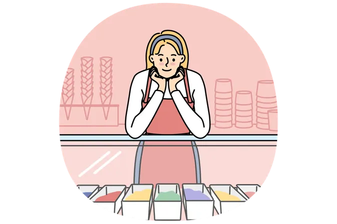 Saleswoman near counter in ice cream shop  Illustration