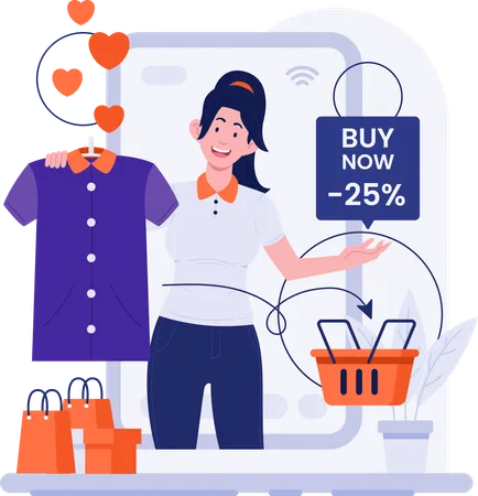 Saleswoman Promoting Product With Price Cut On Live Shopping Illustration Illustration