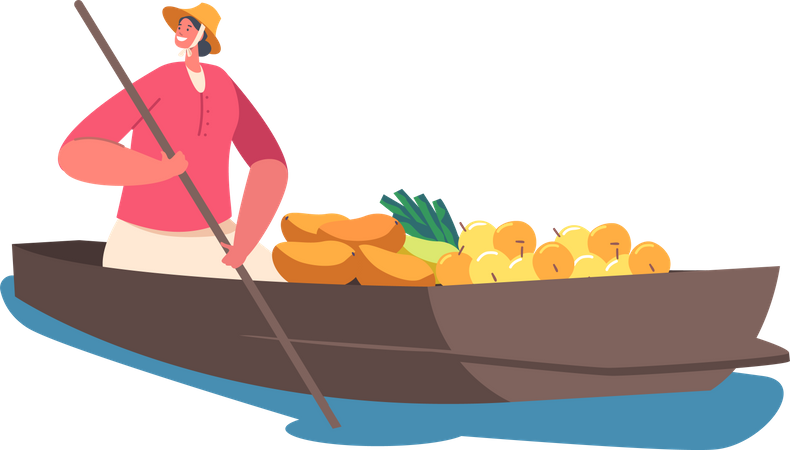 Saleswoman Sell Goods Float on Boat  Illustration