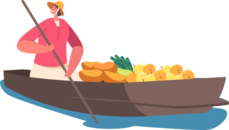 Saleswoman Sell Goods Float on Boat  Illustration