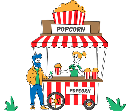 Saleswoman Sell Pop Corn in Booth on Street to Young Man Customer Illustration