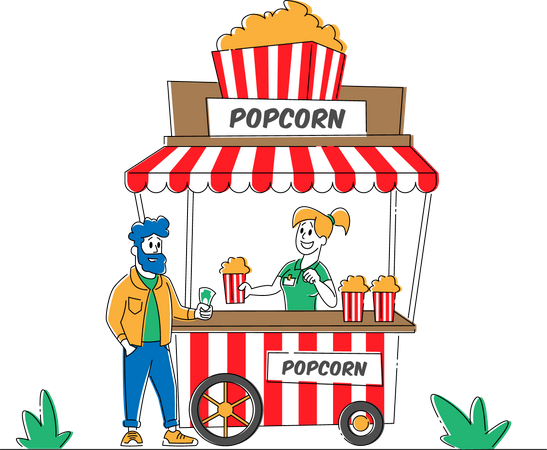 Saleswoman Sell Pop Corn in Booth on Street to Young Man Customer  Illustration