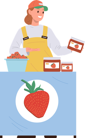 Saleswoman selling fresh ripe strawberry at street retail shop  Illustration