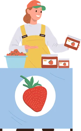 Saleswoman selling fresh ripe strawberry at street retail shop  Illustration