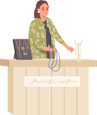 Saleswoman selling precious pearl necklace and golden items at jewelry store  Illustration