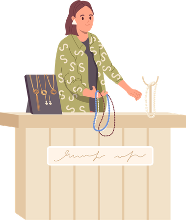 Saleswoman selling precious pearl necklace and golden items at jewelry store  Illustration