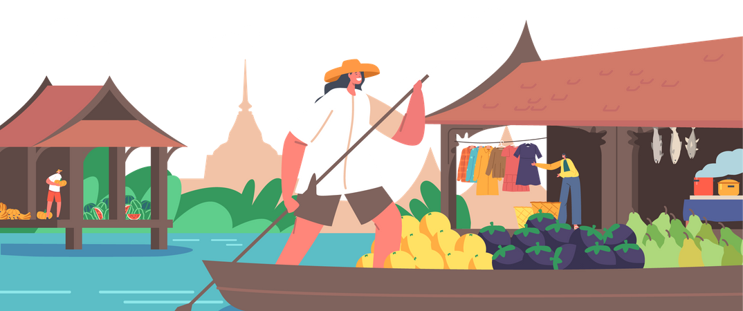 Saleswoman Wear Straw Hat on Boat with Paddle Sell and Buy Goods Float by River  Illustration