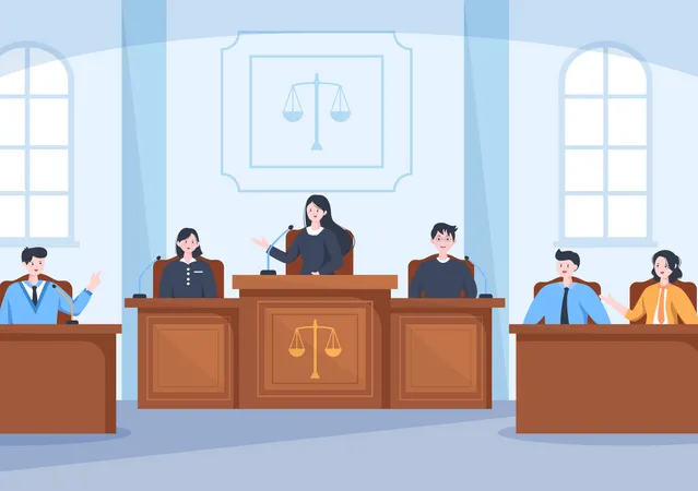 Salle d'audience avec avocats et jury  Illustration