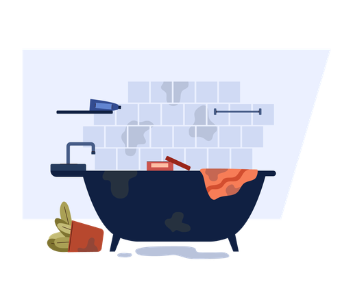 Salle de bain avec des taches de saleté et des objets éparpillés  Illustration