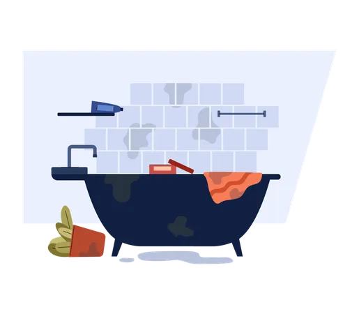 Salle de bain avec des taches de saleté et des objets éparpillés  Illustration