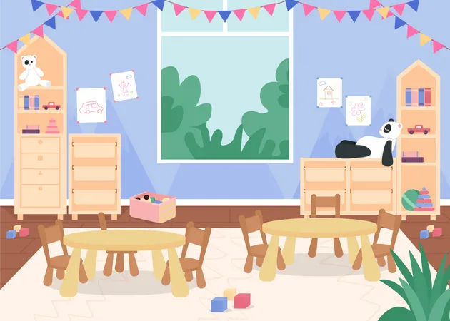 Salle de jeux de maternelle avec bureaux et chaise pour enfants  Illustration