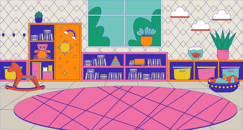 Salle de jeux vide avec tapis et jouets pour enfants  Illustration