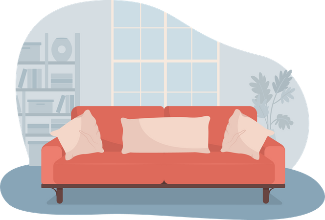 Salón con sofá rojo.  Ilustración