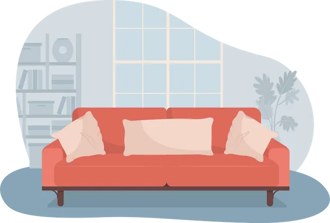 Sala De Estar Con Sofa Rojo Ilustracion Aislada Vectorial 2 D Comodo Sofa Para Relajarse Mobiliario Moderno Acogedor Interior Plano De Apartamento Sobre Fondo De Dibujos Animados Escena Colorida Del Hogar Ilustración