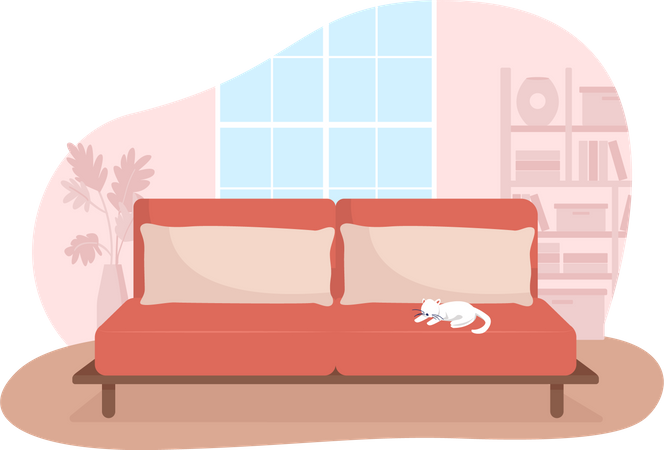 Salón con sofá rojo.  Ilustración