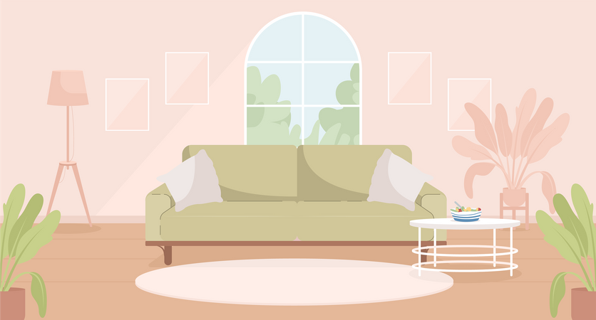 Salón contemporáneo verde salvia y rosa  Ilustración